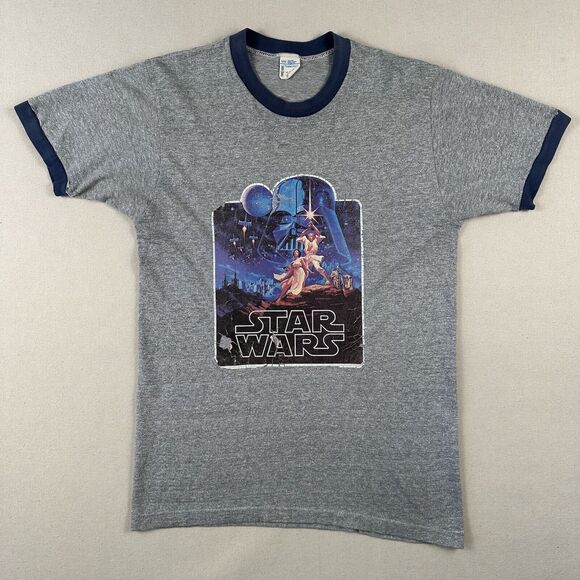 1977 Star Wars Ringer Shirt Men’s Medium Gray Short Sleeve Iron On‎ Graphic - Picture 1 of 16